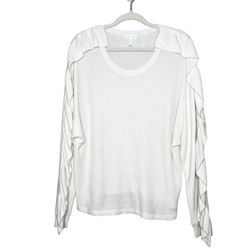 Leith Ruffle Sleeve Modal Cotton Long Sleeve Crewneck White Sweater Lightweight - Picture 2 of 11
